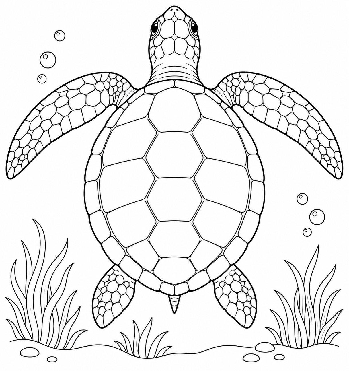 Outline drawing of a green sea turtle seen from above, ready to colour in.