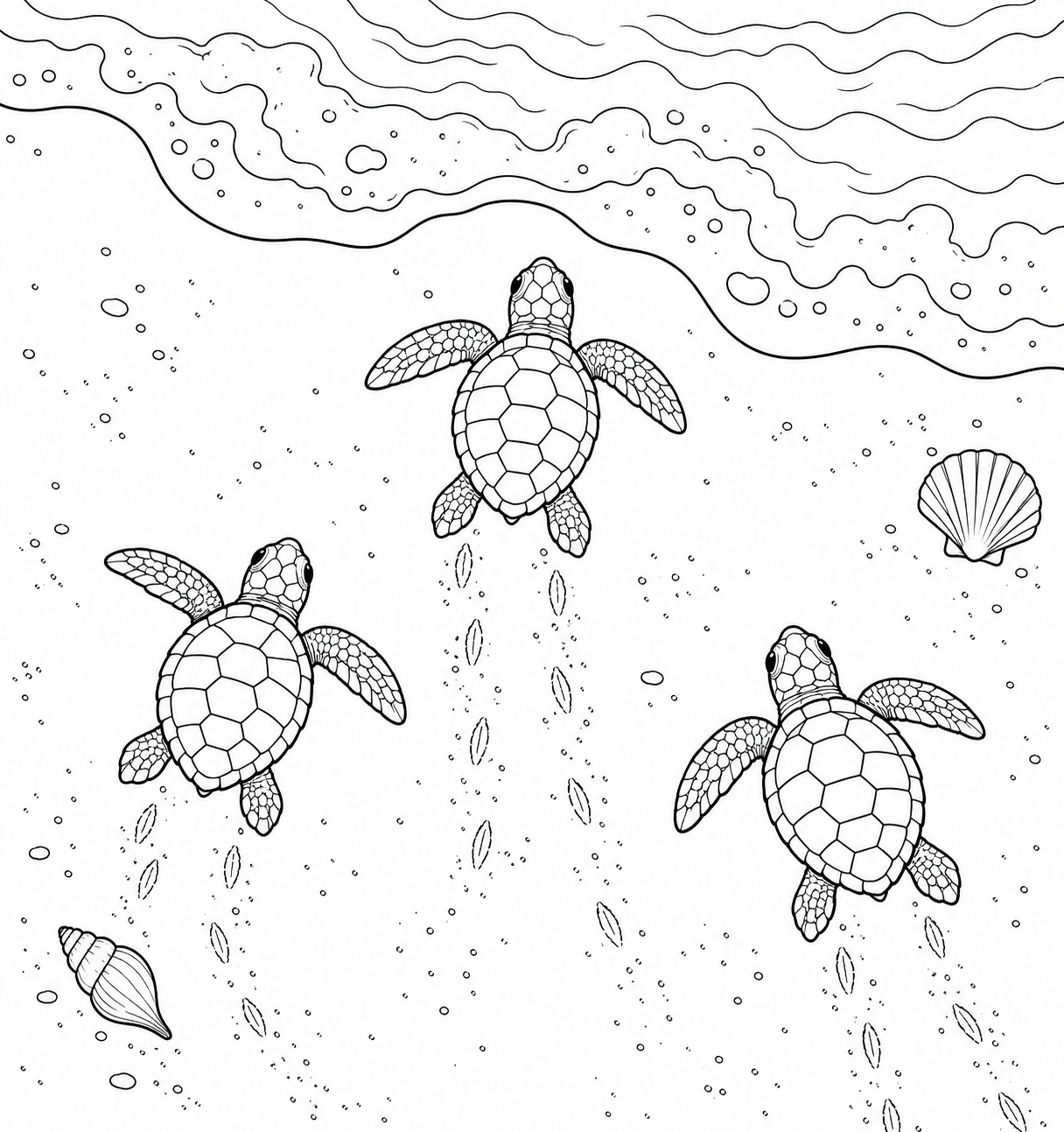 Outline drawing of a tiny hatchling turtle racing across the sand towards the sea, ready to colour in.