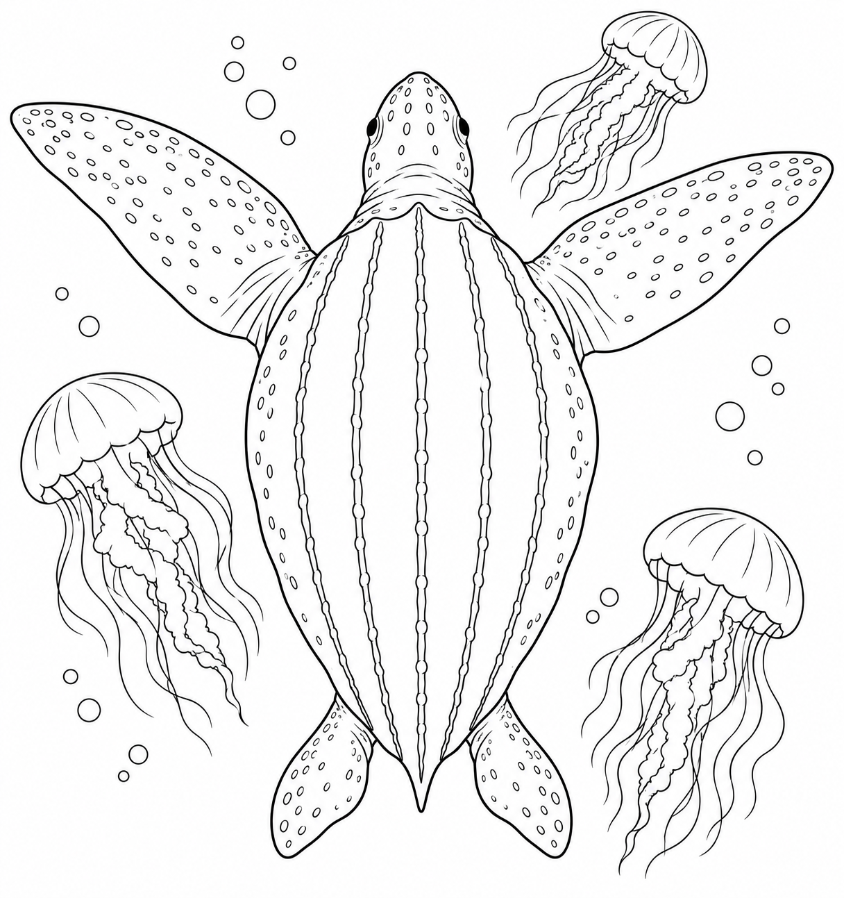 Outline drawing of a leatherback sea turtle showing the ridges along its back, ready to colour in.