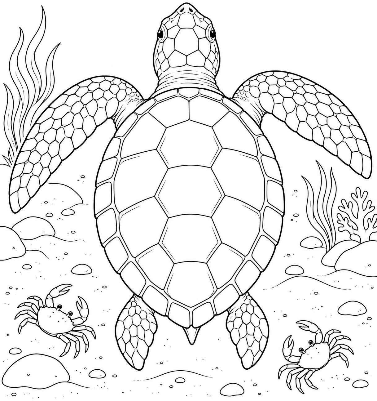 Outline drawing of a loggerhead sea turtle with its large head, ready to colour in.