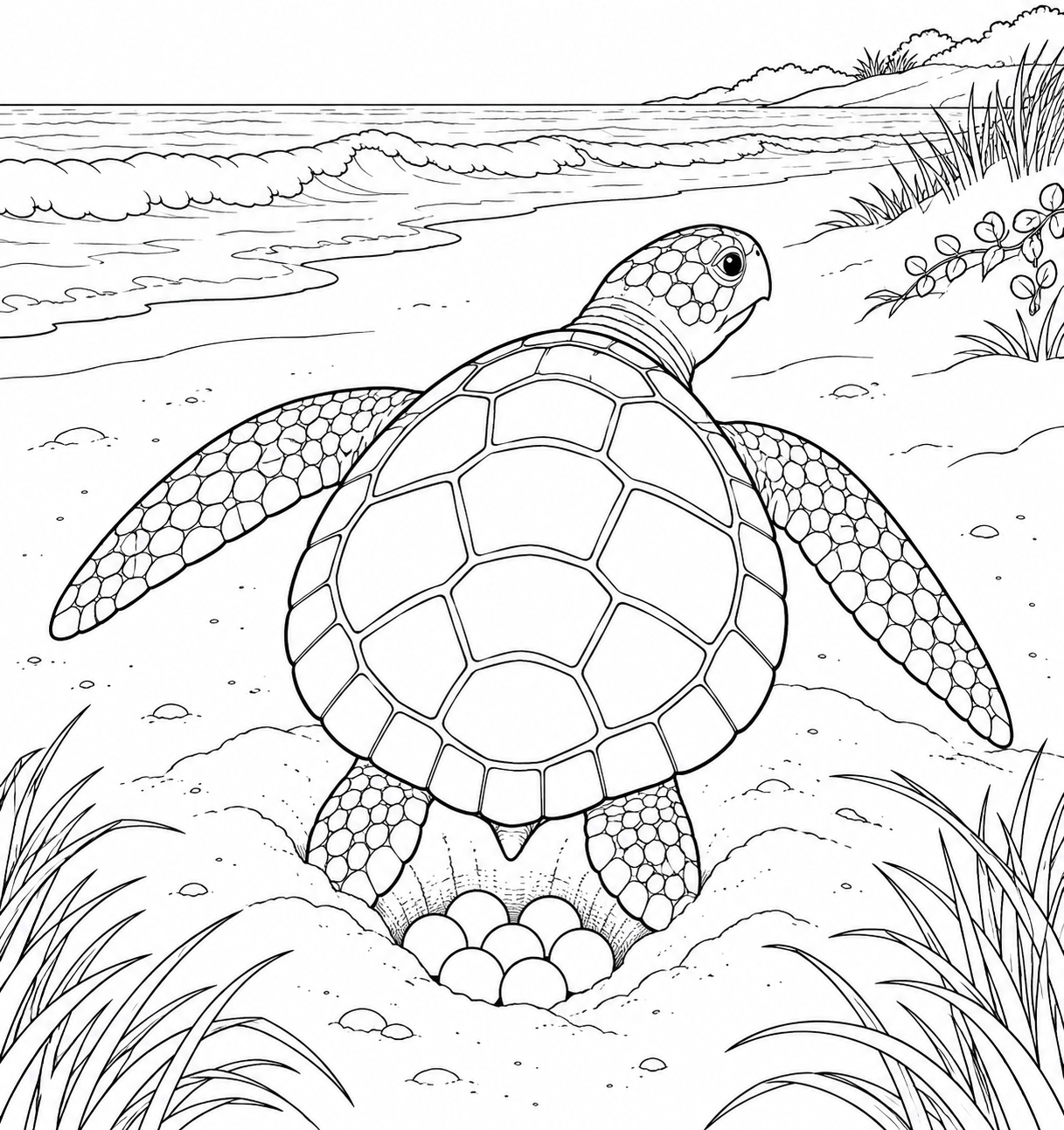 Outline drawing of an adult female sea turtle on a beach beside her nest, ready to colour in.